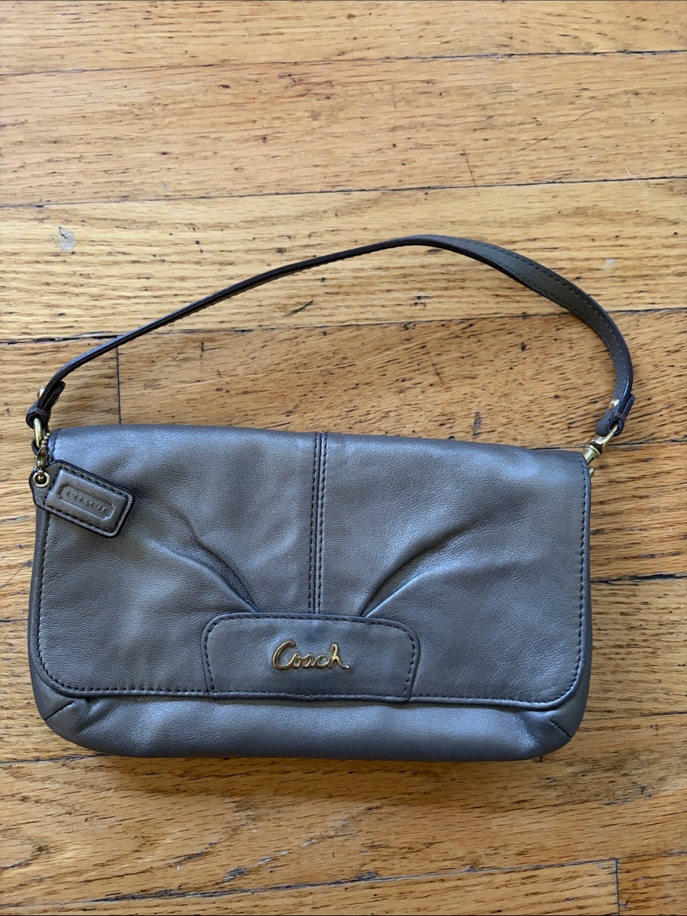 Coach Gray Leather Wristlet Shoulder Bag with Gold Hardware